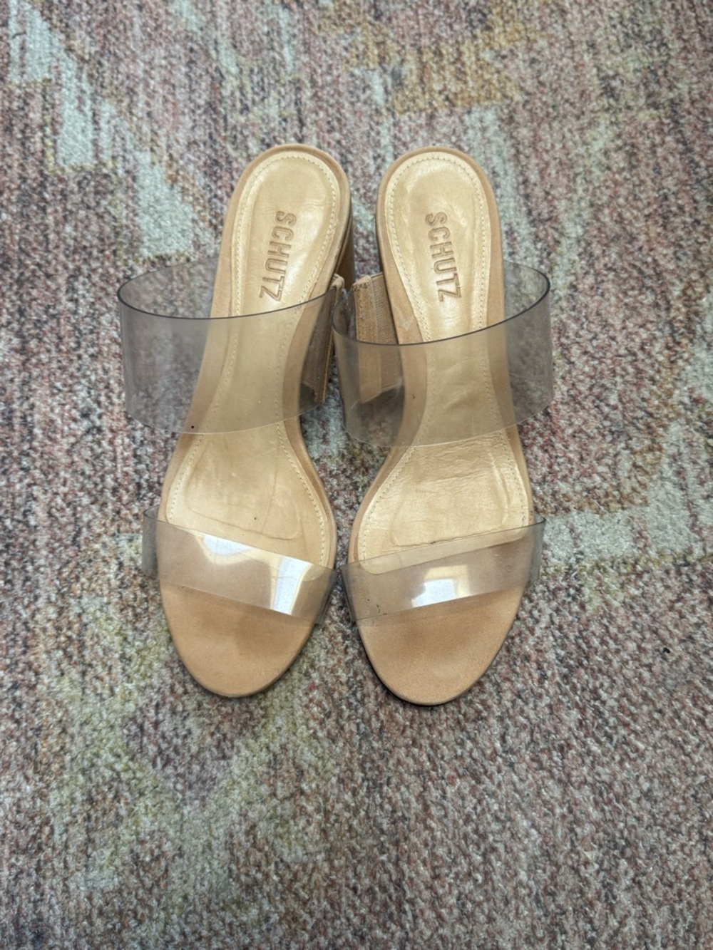 SCHUTZ Victorie Clear Strap Nude/Tan Block Heel Sandals
